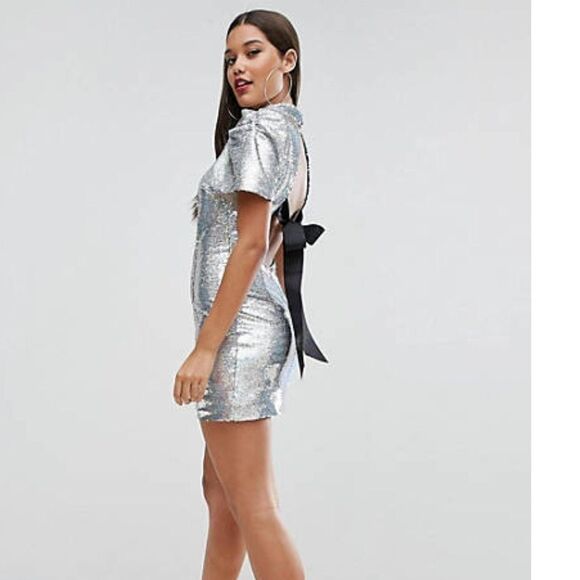 ASOS 80's Sleeve Sequin Iridescent Bow Back Mini Dress 2 - Picture 1 of 12
